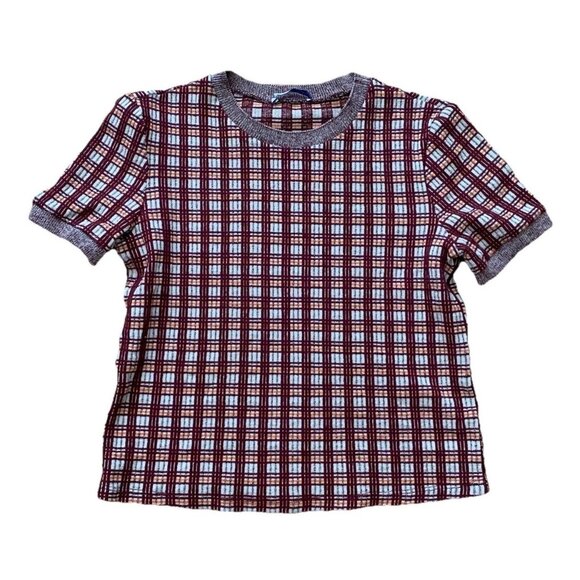 Zara Knit Top Medium Multicolor Check Pattern Stretch Crop Short Sleeves - Picture 1 of 5